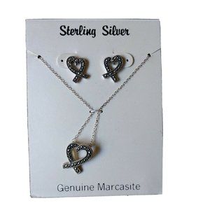 Sterling Silver Genuine Marcasite Heart Shaped Earrings Necklace Set